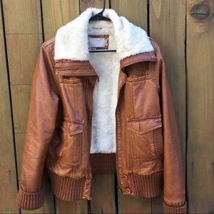 Brown Leather Bomber Jacket with Fur